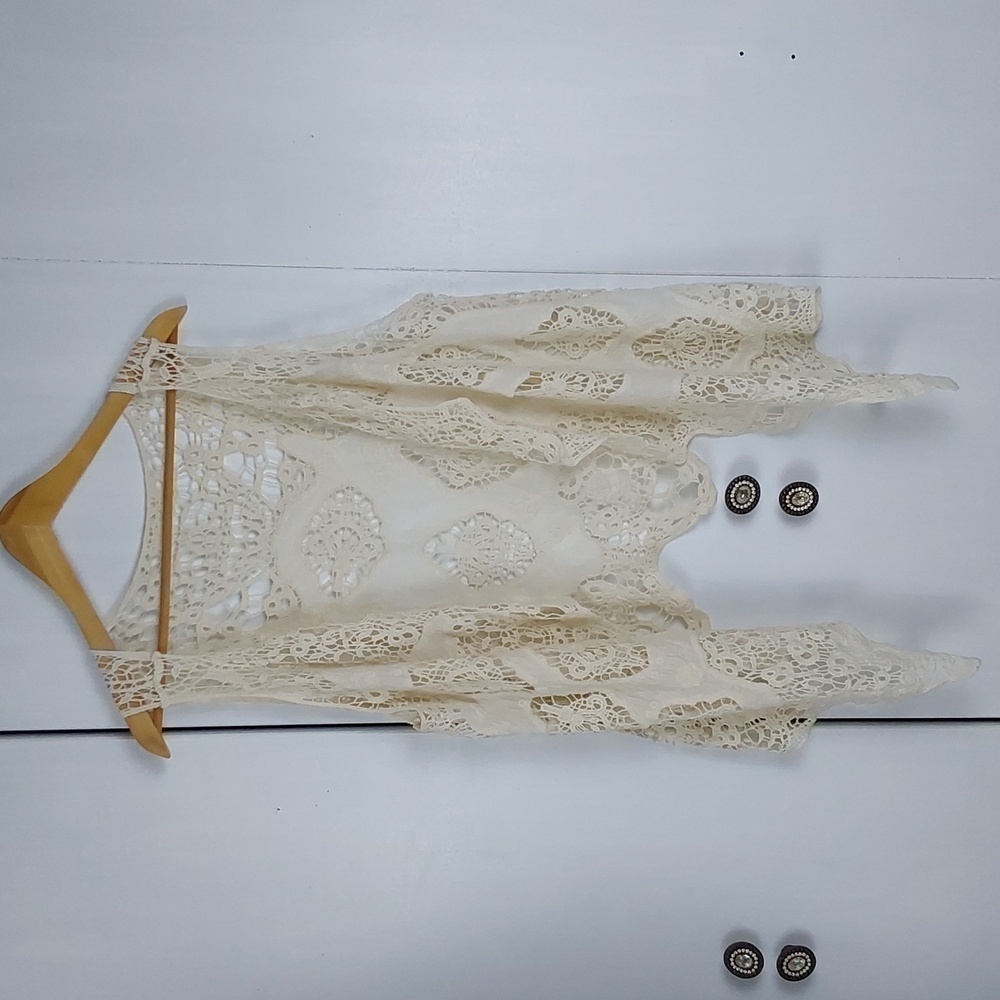 Jastle |Womens Cream Sleeveless Open Cardigan Crochet Boho Hippie Sz.L